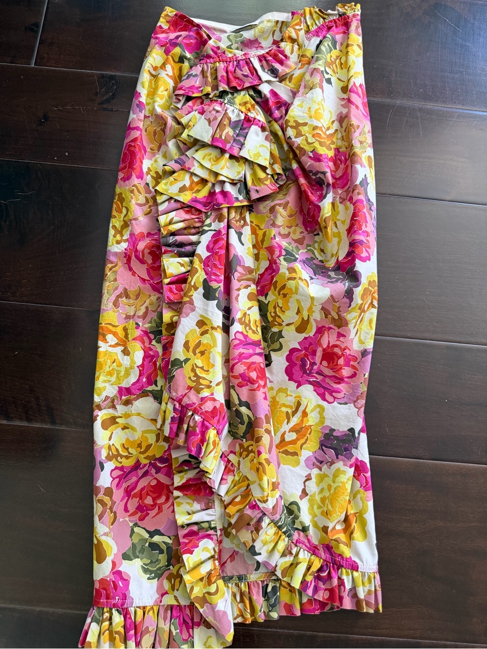 Dries Van Noten Pink, Yellow & Green Floral Ruffle Maxi Skirt